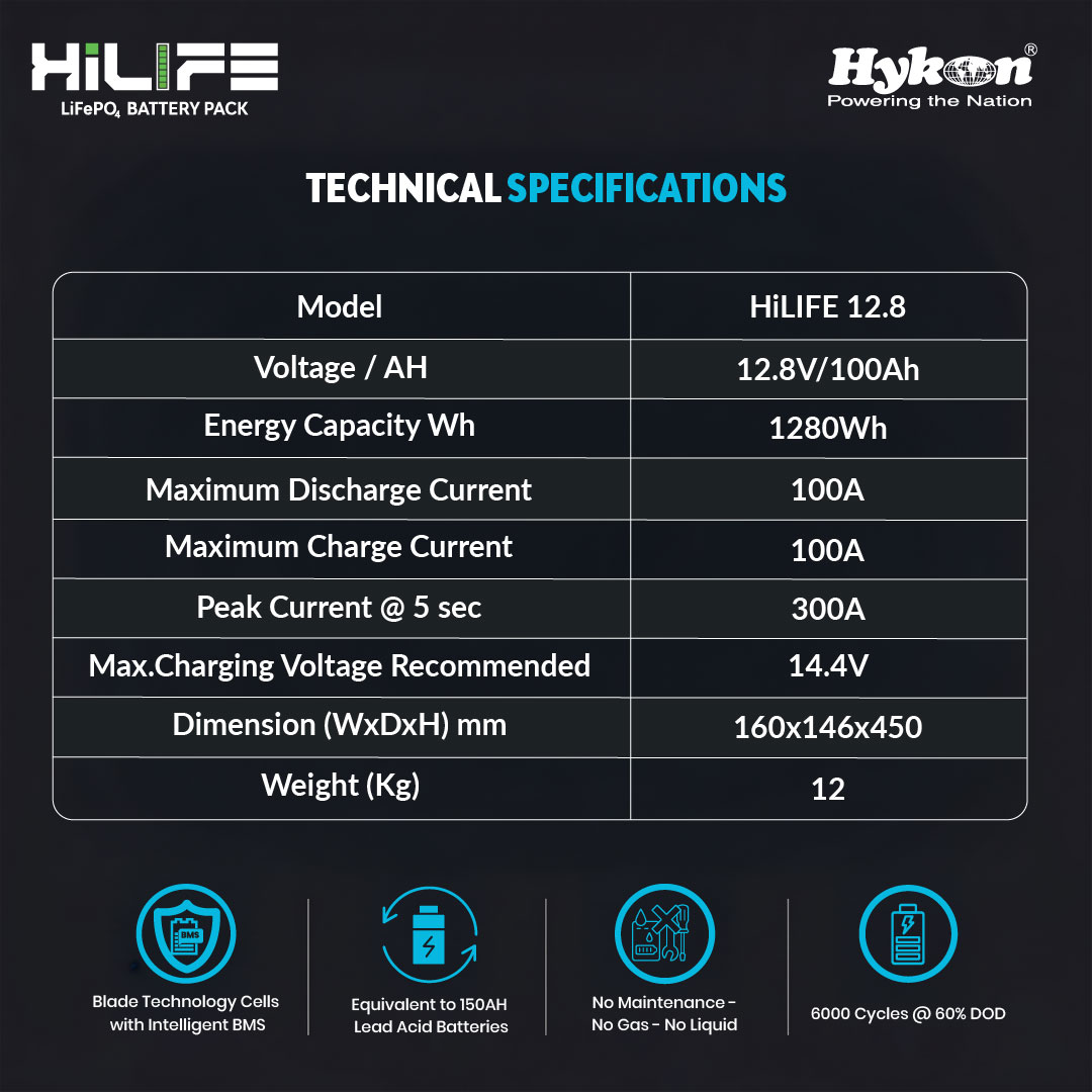 Hykon HiLIFE 12.8V 100Ah LiFePO4 Battery